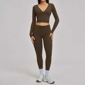 Women’s 2-Piece Yoga Set Deep V-Neck Long Sleeve Crop Top High-Waist <b>Seamless</b> <b>Leggings</b> Workout Activewear Suit - Product Image 4