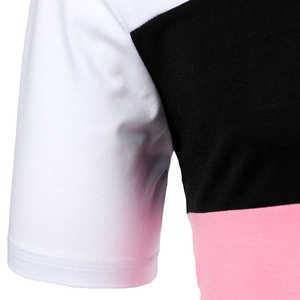Polo pour homme à blocs de couleur, manches courtes, tricoté, style décontracté, rayures rose, noir et blanc - Product Image 4