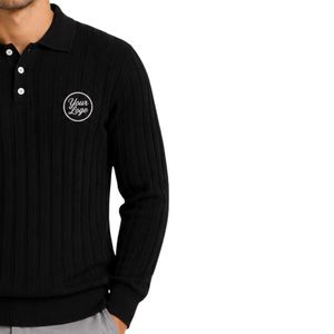 Pull polo en maille côtelée noire à manches longues, col boutonné, décontracté, doux et chaud pour l'hiver, personnalisable avec logo, vêtement de mode premium pour homme - Product Image 4
