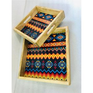 Juego de bandejas de madera de mango hechas a mano con estampado de esmalte azteca, platos rectangulares decorativos de madera para decoración del hogar y cocina - Product Image 1