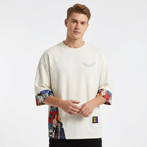Oversized White Half Sleeve T-<b>Shirt</b> With <b>Patchwork</b> Print And Wing Logo Street Style Men's Casual Wear - Product Image 3