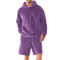 Conjunto de Sudadera con Capucha y Pantalones Cortos de Forro Polar Doble para Hombre, Talla Grande, Color Sólido, Manga Larga, Cintura Elástica con Cordón, Casual y Cálido