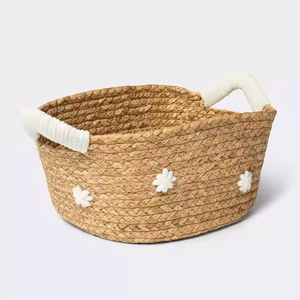 Eco-Friendly <b>Woven</b> Seagrass Storage <b>Baskets</b> with Floral Patterns Round Design Handle Modern Style for Bedroom Laundry Hotel Use - Product Image 1