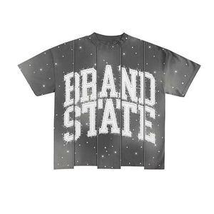 Men's Custom Rhinestone Screen Print Two Piece Cotton Acid Wash Sun Faded T Shirt and Distressed Side Stripe Sweat Shorts Sets - Product Image 5