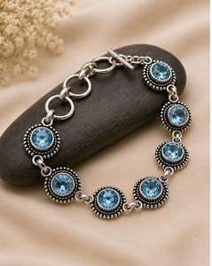 Blue Topaz Sterling Silver <b>Bracelet</b> – Handmade <b>Boho</b> Gemstone Link <b>Bracelet</b> for Women, Vintage Style Jewelry Gift - Product Image 1