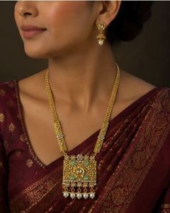 Parure de collier long et boucles d'oreilles Jhumki ethniques indiennes, plaqué or, avec perles, Polki, Kundan et Meenakari, prix usine personnalisé - Product Image 2