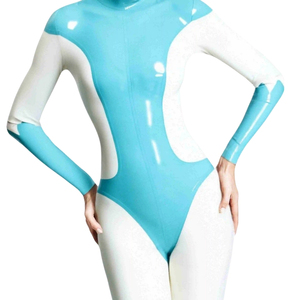Women's Blue White Color Block Full Length <b>Jumpsuit</b> Long Sleeve Turtleneck High Waist Spandex Nylon Swimwear Clubwear - Product Image 6