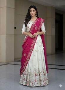 Ensemble Lehenga Choli Dupatta brodé en tissu épais pour femme, col en V, robe de soirée et de mariage - Product Image 4