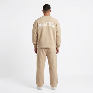 Ensemble de survêtement décontracté pour homme, sweat-shirt à col rond beige et pantalon cargo assorti, deux pièces, streetwear - Product Image 2