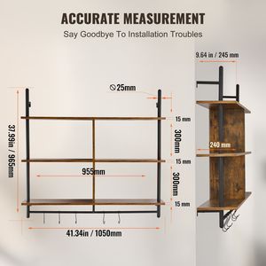 Mensola a 3 livelli in legno rustico con tubi industriali da parete 41,5x9,84 pollici per libreria e esposizione - Product Image 6