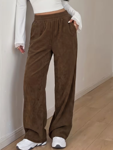 Women's Brown Corduroy Wide Leg Pants Casual <b>Elastic</b> <b>Waist</b> <b>Trousers</b> <b>with</b> Pockets - Product Image 6