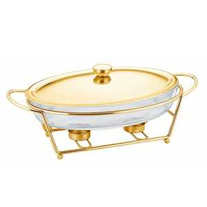 Ornate Rectangular Gold Chafing Dish Set With Hammered Lid Buffet Food Warmer With Silver Interior And Lattice Design - Product Image 2