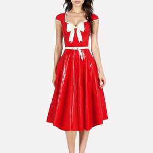 Red PU Leather Midi <b>Dress</b> With White Bow Cap Sleeve A-Line Vintage Party Wear Fitted Sweetheart Neck Solid Color - Product Image 4