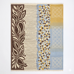 Tapis en laine géométrique botanique marron, moutarde et bleu, à motifs de panneaux mixtes, motifs de feuilles et design de lignes entrelacées, antidérapant - Product Image 1