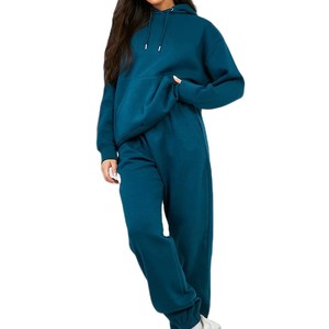Women Teal Hooded <b>Tracksuit</b> Full Sleeve Solid Color Casual Loose Fit Midweight Cotton Drawstring Closure Side Pockets Autumn - Product Image 3