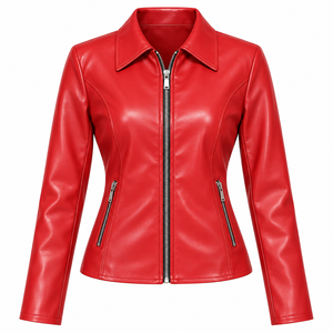 Chaqueta de piel de oveja roja para mujer, con cuello alto, cremallera, estilo motero, manga larga, para otoño e invierno - Product Image 2