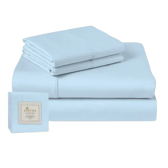 PIZUNA-juego de sábanas de lino para cama, Sábana plana de algodón clásica, 400 TC, Sábana bajera, funda de almohada, azul cielo