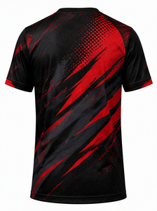 T-shirt sportif à manches courtes pour homme, imprimé géométrique noir et rouge, séchage rapide, col rond, coupe classique, 100% polyester tricoté, sublimation - Product Image 2