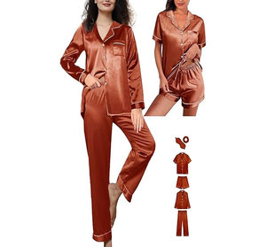 Conjunto de Pijama de Satén para Mujer, Manga Larga, Verde Sólido, Elegante, con Botones, Cuello Camisero, Cintura Media - Product Image 4