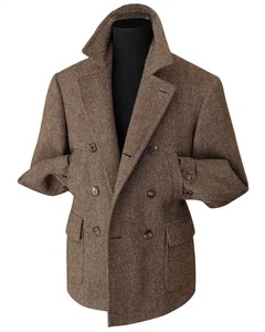 <b>Brown</b> <b>Wool</b> Double Breasted Men's Blazer with Notch Lapel and Cuff Buttons Embossed Logo British Style Adult Size - Product Image 4