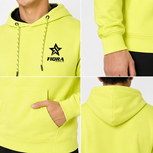 Sweat à capuche en molleton pour homme, 350 g/m², avec logo personnalisé, grande taille, anti-boulochage, 100 % coton, jaune fluo, vente en gros, fabricant OEM - Product Image 3