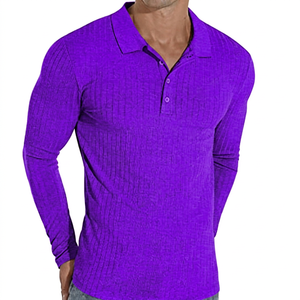 Polo en tricot à manches longues pour homme, gris foncé uni, décontracté, boutonné, coupe ajustée - Product Image 5