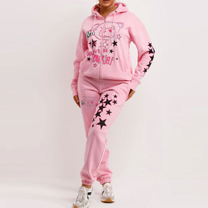 Ensemble de survêtement rose à capuche pour femme avec imprimé ours et étoiles, fermeture éclair sur toute la longueur, vêtements de sport décontractés - Product Image 4