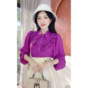 Blusa de Manga Larga para Mujer al por Mayor, Cuello Redondo Clásico, Plisada con Volantes, Escote en V, Abotonada, para Oficina y Tiendas de Boutique - Product Image 4