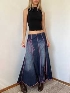 Women's Denim Maxi <b>Skirt</b> Asymmetric <b>Patchwork</b> Embroidery A-Line Loose Fit Stonewashed Cotton Casual Autumn Wear - Product Image 4