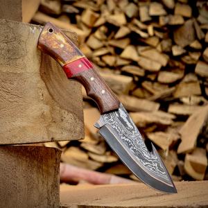 Cuchillo de caza de hoja fija de cobre damasco hecho a mano con gancho para tripas, espiga completa, biselado, ODM OEM, para uso industrial, camping y actividades al aire libre - Product Image 1