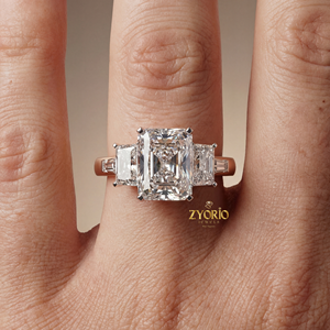 Luxury Radiant Cut Lab Grown Diamond Three Stone Engagement Wedding <b>Ring</b> with Baguette Side Diamonds in 925 <b>Silver</b> - Product Image 4