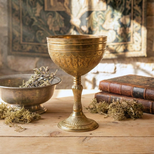 Copa de Metal con Acabado Dorado Antiguo, Cáliz Ornamentado Grabado, Copa de Vino Decorativa Vintage, Decoración de Mesa de Lujo para el Hogar - Product Image 5