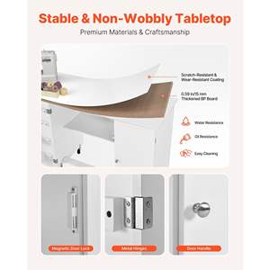 Compact Multipurpose White Sewing Machine Table Cabinet Home Office <b>Desk</b> <b>Folding</b> Design Wooden Pegs Storage Trays Magnetic Door - Product Image 5