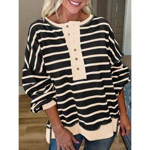 Custom 2025 Fall Womens Waffle <b>Knit</b> Pullover <b>Tunic</b> Tops Silk Oversized Sweatshirt with Long Sleeve Button Henley Neck - Product Image 1