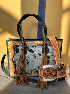 New Stylish Cowhide Fur Leather Color <b>Tooled</b> Fringes <b>Tote</b> <b>Bag</b> and Real Hair on Hide Color <b>Tooled</b> Fur Leather Clutch Combo Sets - Product Image 2
