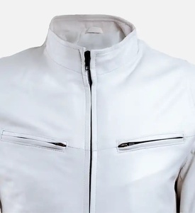Men's <b>White</b> Motorcycle <b>Jacket</b> Stand Collar Zipper Closure Regular Sleeve Solid Color Autumn Style Slim Fit Windproof - Product Image 3