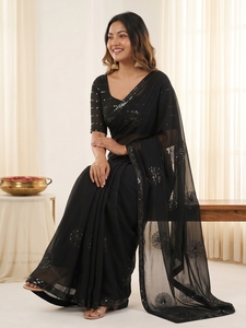 Indian Traditional Ethnic Beautiful Georgette Saree with Embroidery <b>Sequins</b> Work for Women Wedding Party Wear Elegant Outfit - Product Image 3