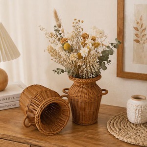 Jarrón de ratán con asas, estilo bohemio, maceta interior para flores secas y plantas verdes, macetero rústico tejido, decoración de escritorio - Product Image 1