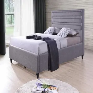 Bedroom furniture bed grey color with simple design upholstered fabric with solid and MDF frame in 14pcs flat slat