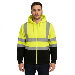 Premium Men's Winter Hi-Vis <b>Zip</b> Workwear Hoodie Lime Yellow Black Safety Sweatshirt Reflective Tape Full-<b>Zip</b> <b>Hooded</b> Customizable - Product Image 1