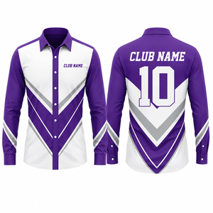 เสื้อเชิ้ตผู้ชายสีม่วงขาวลายเพ้นท์มือ แขนยาว ผ้าโพลีเอสเตอร์ป๊อปลิน สไตล์ลำลอง พิมพ์ลายแบบซับลิเมชั่น ปกคอเสื้อพับได้ - Product Image 1