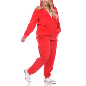 Women Plus Size Red Hooded Tracksuit Set Full Length Solid Color Casual Joggers with Side Pockets Zipper Fly Fleece Winter Wear - Product Image 2