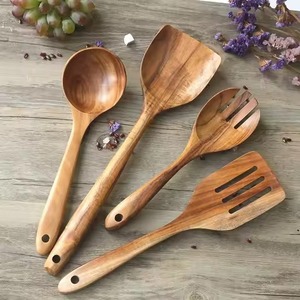 Ensemble de 3 ustensiles de cuisine minimalistes à long manche les plus vendus : cuillère profonde, spatule plate et écumoire en bois pour soupes et woks - Product Image 5