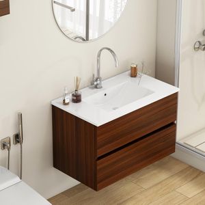 Mobile Bagno Sospeso da 32 Pollici con Doppio Cassetto a Chiusura Ammortizzata, Design Senza Maniglie in Legno Massello e Lavabo in Ceramica, Facile Installazione - Product Image 3