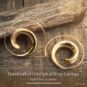 Handmade Gold Spiral Hoop Earrings - <b>Large</b> Hammered Metal Boho Tribal Statement Jewelry Wholesale - Product Image 2