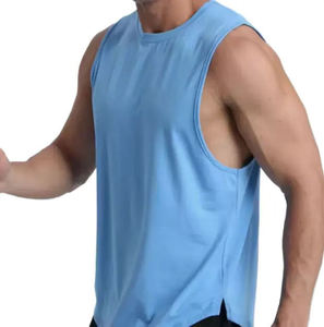 Camiseta sin mangas rosa para hombre, cuello redondo, color liso, estilo casual de punto, camiseta sin mangas personalizada, camiseta deportiva de algodón azul lisa para hombre - Product Image 2