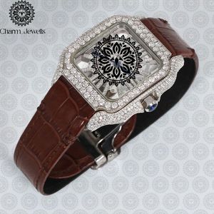 Montre carrée de luxe Charm_Jewells en acier inoxydable avec accents de diamants, mouvement à quartz analogique, bracelet en cuir marron, mode féminine - Product Image 3