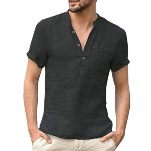 Chemises décontractées en coton et lin pour hommes, col montant uni, coupe ample, collection Printemps 2026, haute qualité - Product Image 1