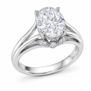 Anillo de Halo con Diamantes Ovalados, Plata 925, Banda Pavé de Tallo Dividido, Anillo de Novia con Diamantes Cultivados en Laboratorio, Personalizado - Product Image 4
