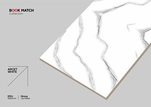 Carreaux de porcelaine brillants effet marbre Book Match Arcet Blanc 600x1200mm, grand format, pour murs et sols, antibactériens, antidérapants - Product Image 3